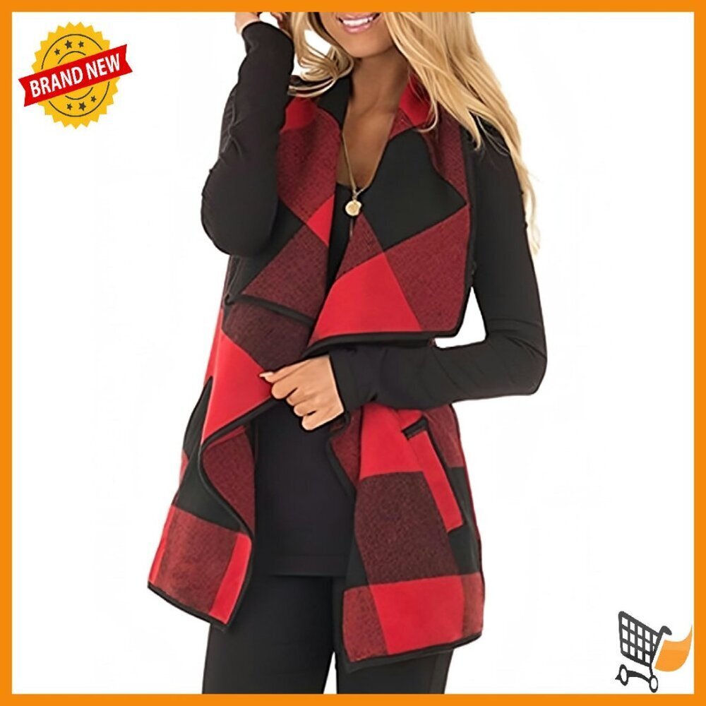 Women's Buffalo Plaid Vest Lapel Open Front Sleeveless Cardigan with Pockets